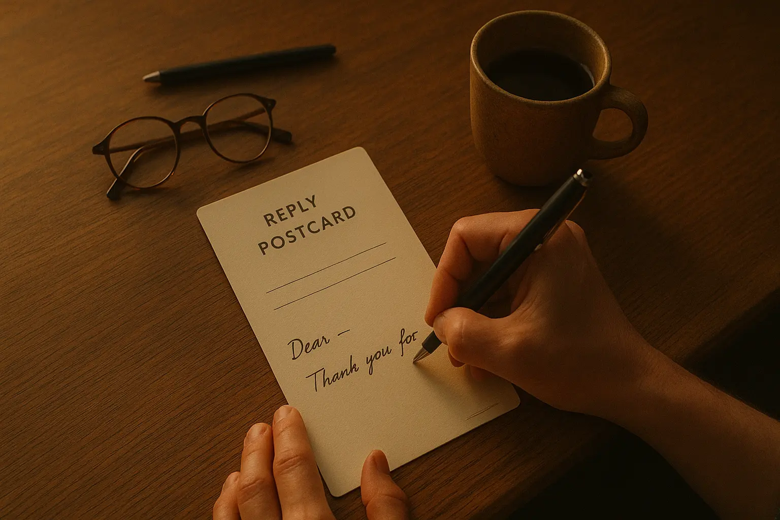 同窓会の返信はがきを書いている手元。木の机の上で静かに文面を綴っている