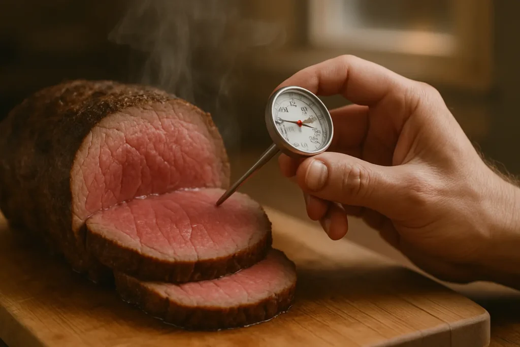 肉用温度計でローストビーフの中心温度を確認する様子