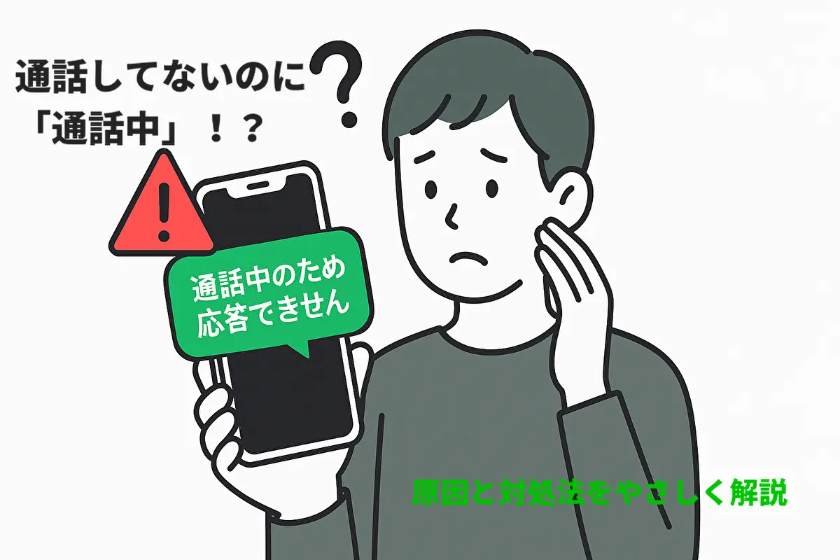 LINE通話で『通話中のため応答できません』と表示されて困っている人物のイラスト