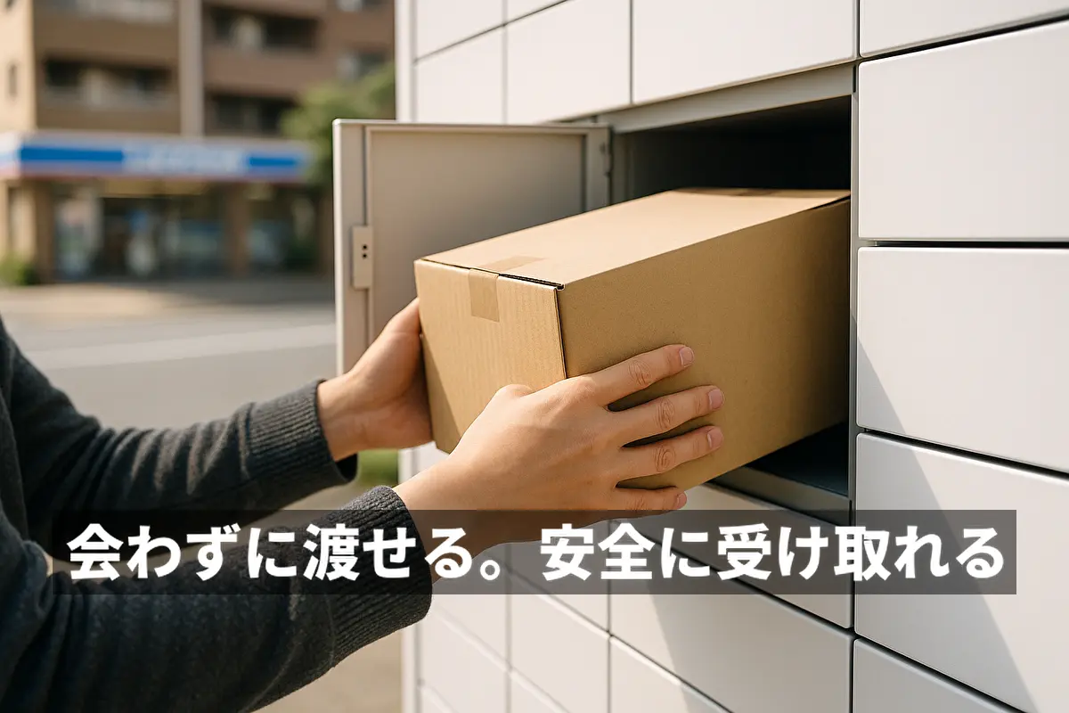 非対面で荷物を受け渡す様子（宅配ボックスに荷物を入れる手元）