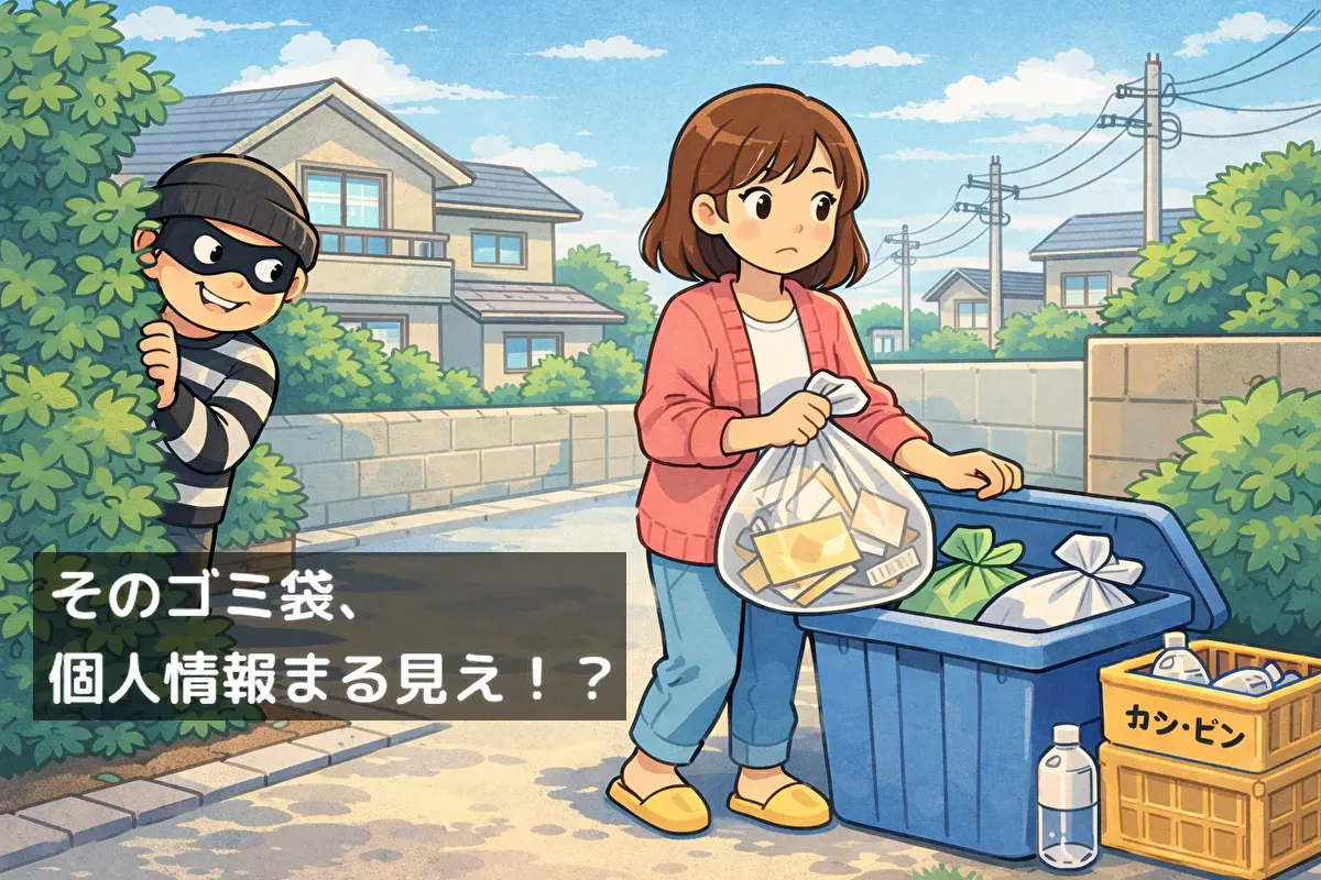 ゴミ袋を出す女性と、それをのぞく泥棒のイラスト。住所が見える郵便物からの個人情報漏洩を示唆