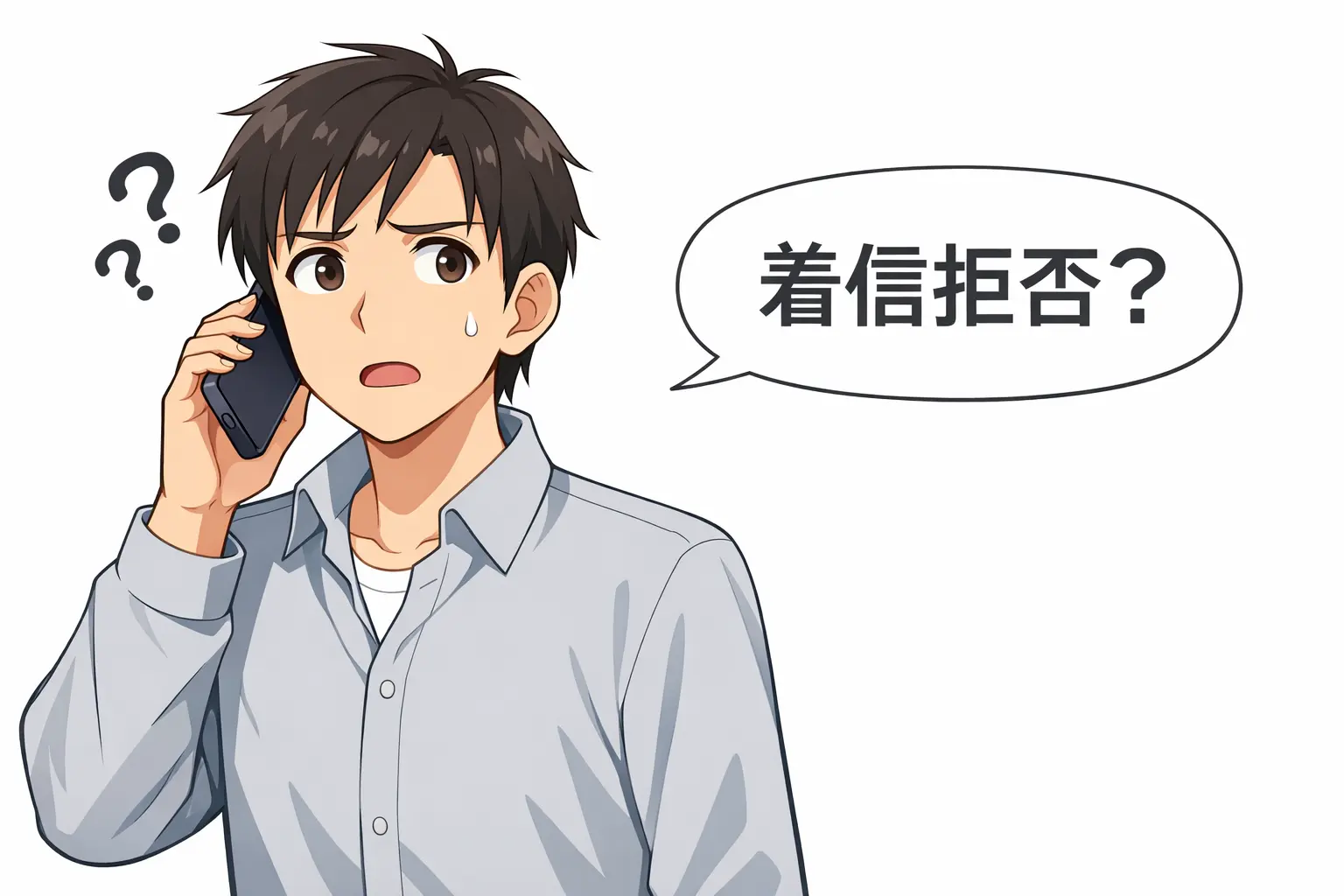 スマホを耳に当てて困った表情をしている男性。吹き出しに「着信拒否？」と表示されている。