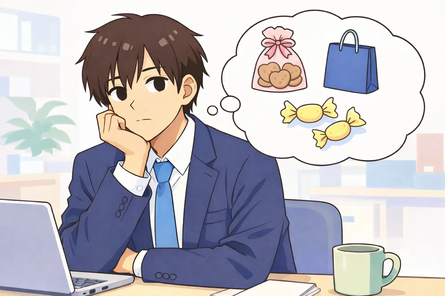 職場でホワイトデーのお返しに悩む若手社員のイラスト。頬杖をつきながら考えている様子。