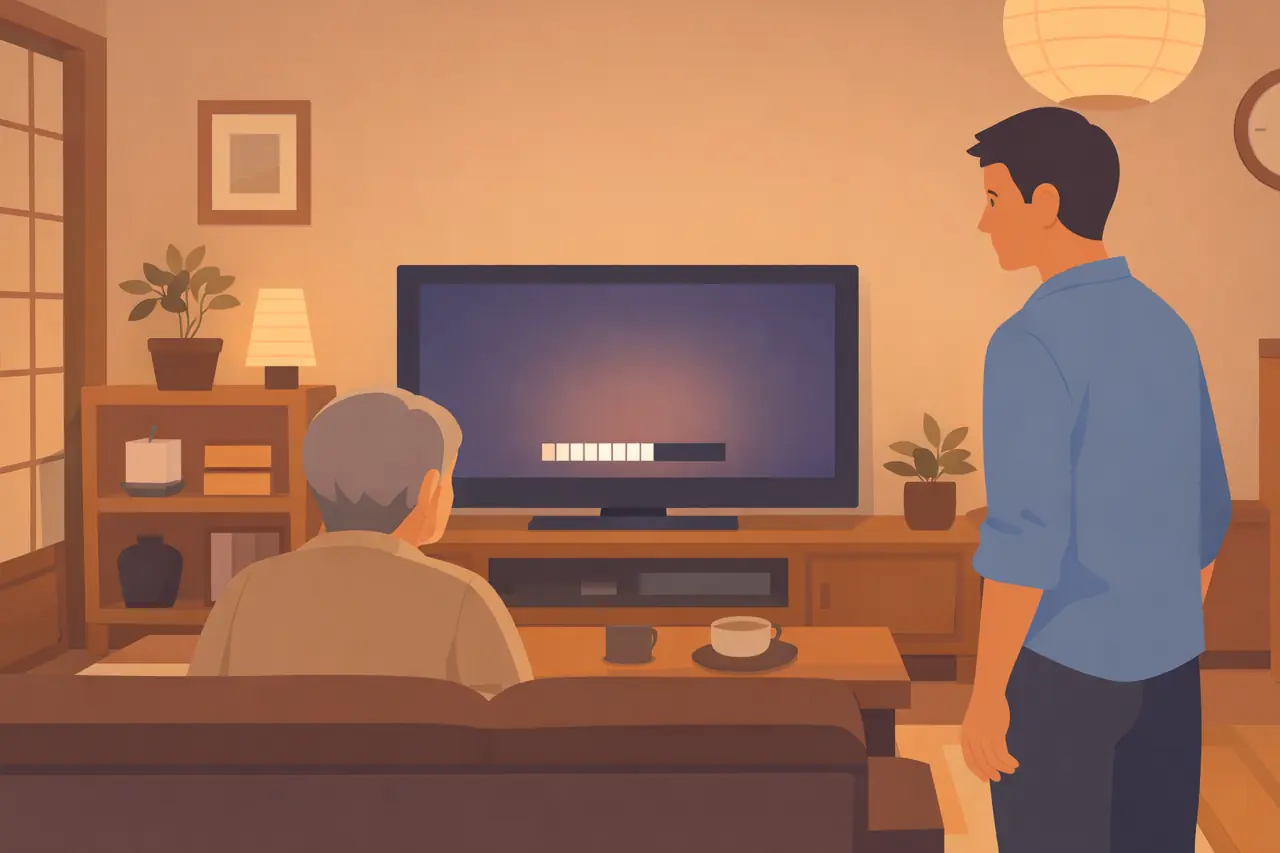 テレビの音量を上げても聞こえない様子のリビング