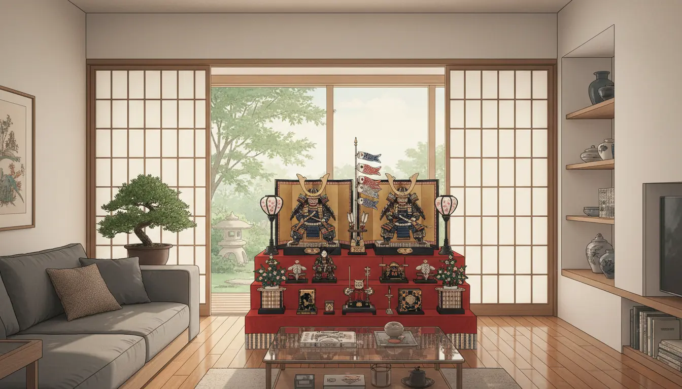 居間に飾った五月人形の様子