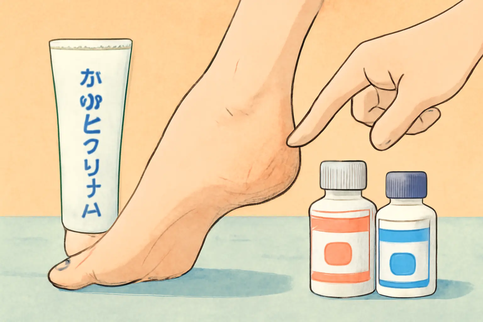 かかとのひび割れに市販クリームを塗っている様子
