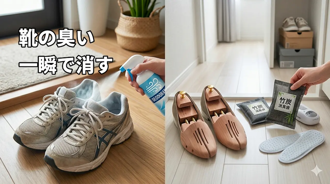 靴の臭いを消す方法：消臭スプレーと乾燥剤・シューキーパーで対策する様子