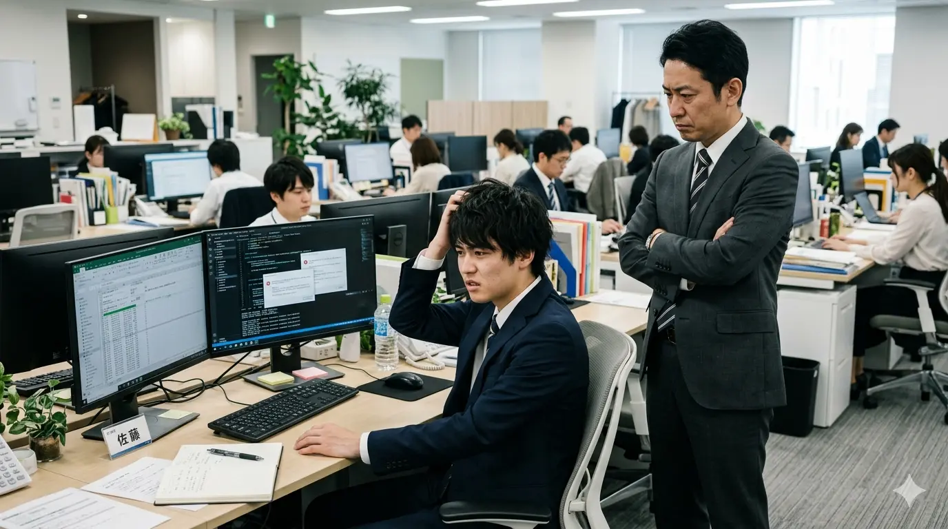 ハズレ教育係に困る新社会人と腕を組む先輩社員のオフィス風景