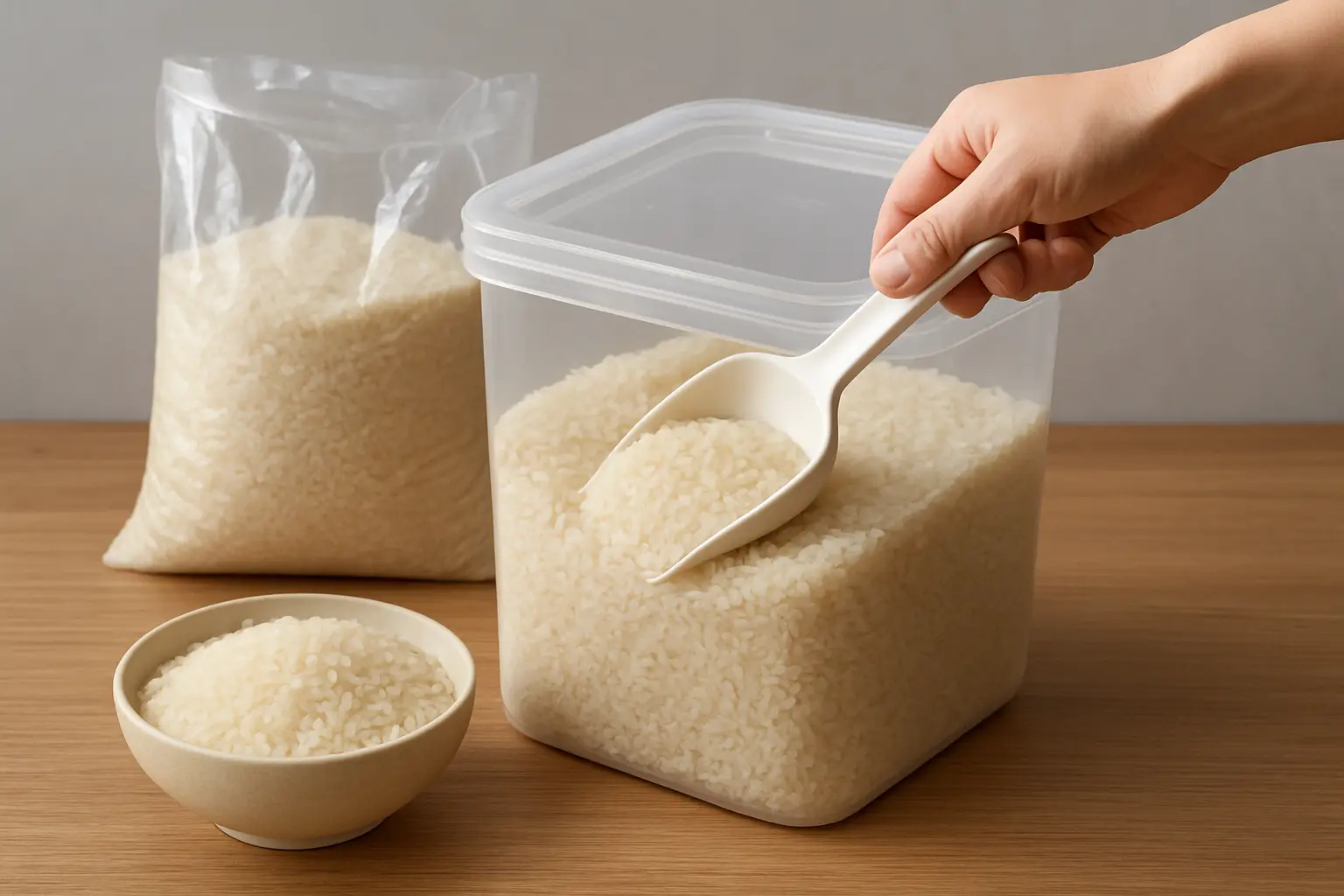 米をビニール袋、タッパーに入れる