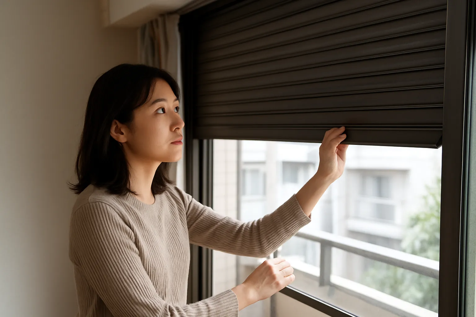 シャッターを閉める女性