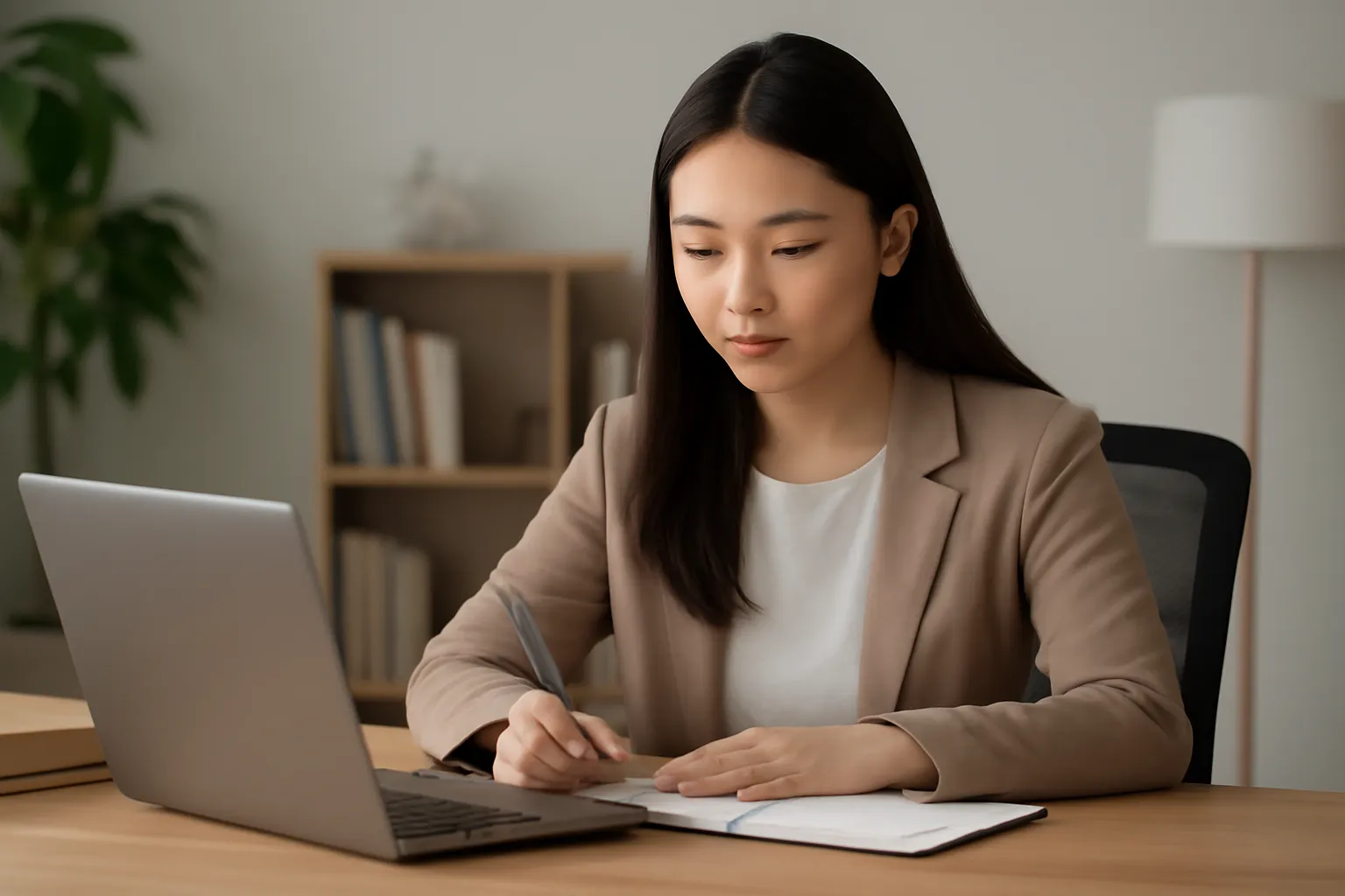 家で勉強する女性