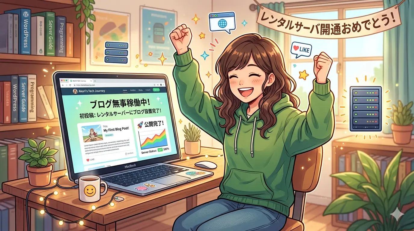 ブログのセットアップに成功して喜んでいる様子