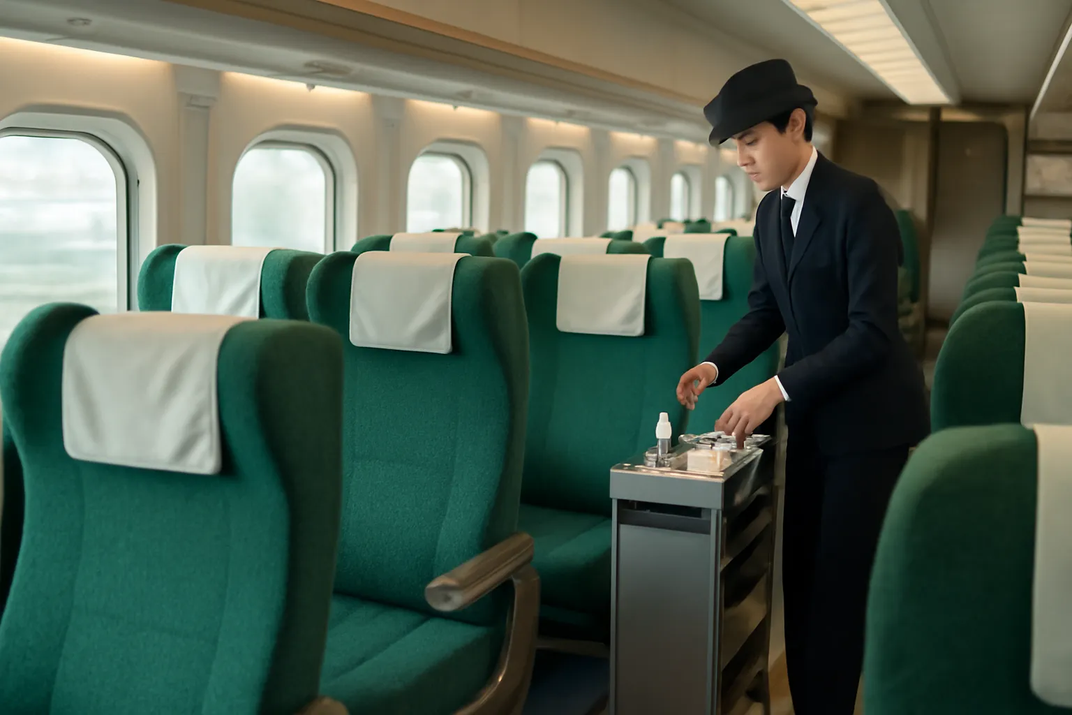 車内販売のワゴンと販売員