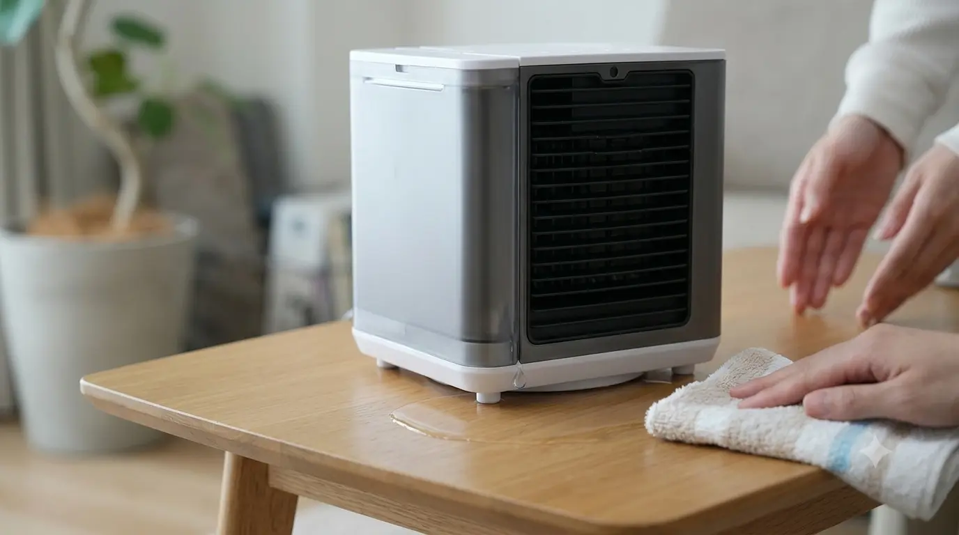 木製テーブルの上で水漏れしたここひえと、それをタオルで拭き取ろうとする様子